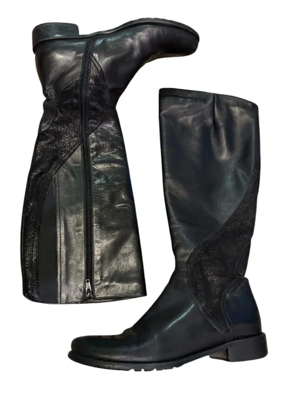 Italian Leather Knee High Boots Black Artisan Made Side Zip Size 9